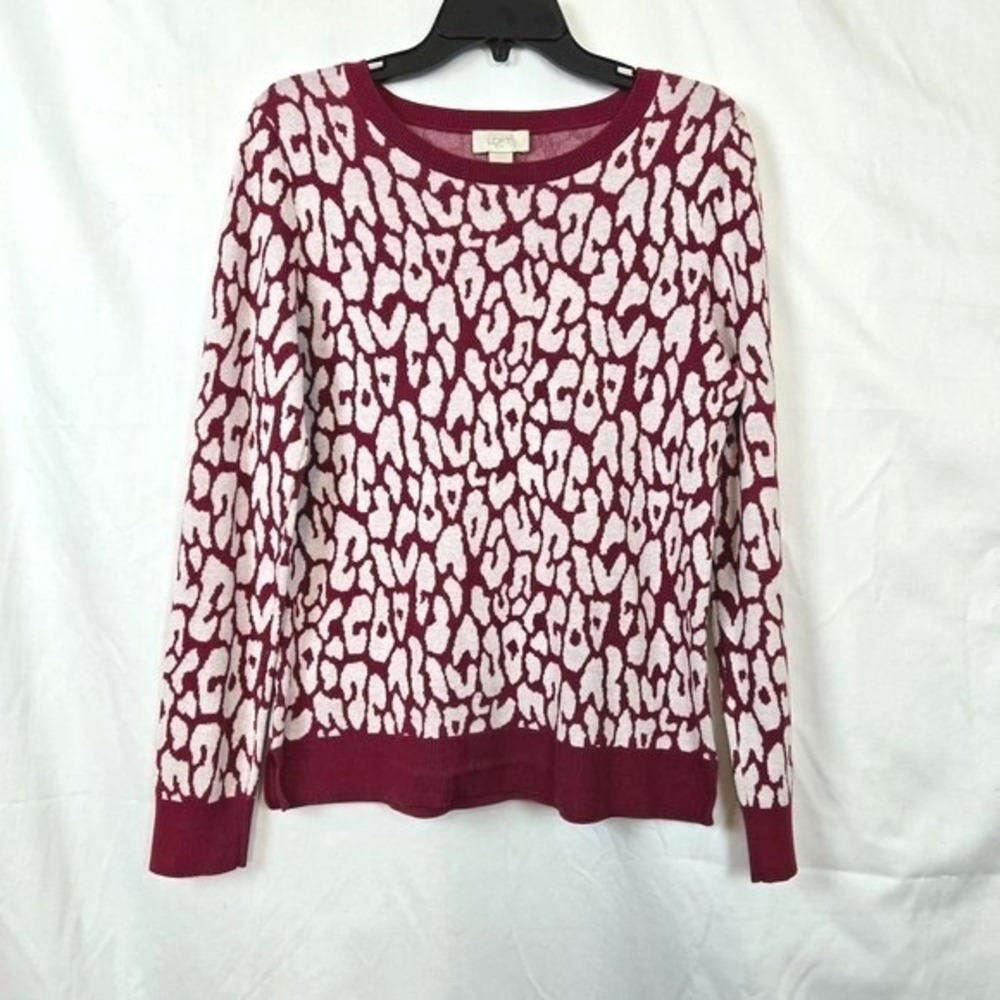 Loft Womens Burgundy White Leopard Print Relaxed Fit Long Sleeve‎ Sweater Medium
